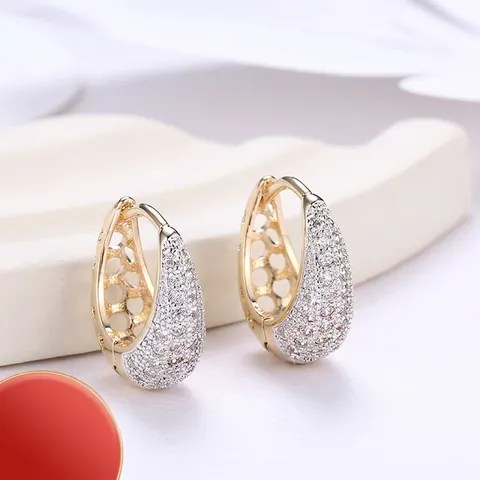 Copper Zirconia Hoop Earrings For Women Hollow Out Waterdrop Geometric Champagne Rose Gold Silver Color Plated Jewelry