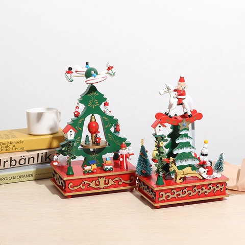 Christmas Wooden Music Box Ornament Santa Claus Rocking Horse Tree Rotating Wind Up Festive Holiday Gift Home Decoration