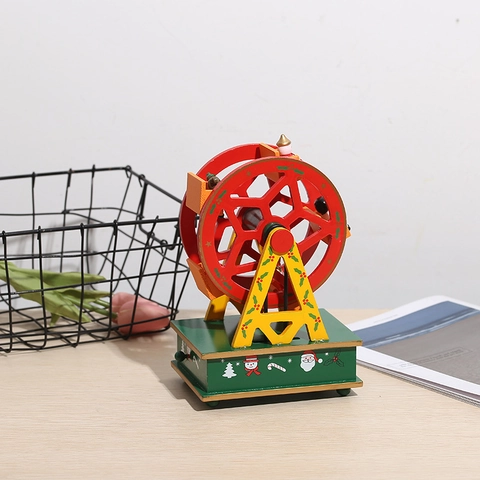 Christmas Music Box Wooden Rotating Ferris Wheel Tabletop Decor Festive Ornament Mechanical Wind Up Holiday Gift