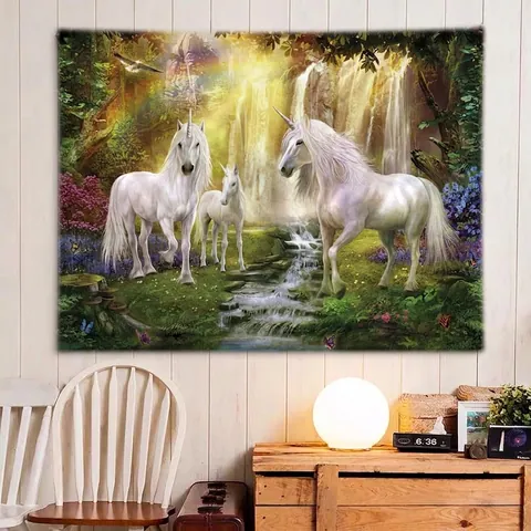 Arazzo Unicorno Fantasy Foresta Magica Appeso A Parete Poliestere Castello Mistico Cascata Arte Decorazione