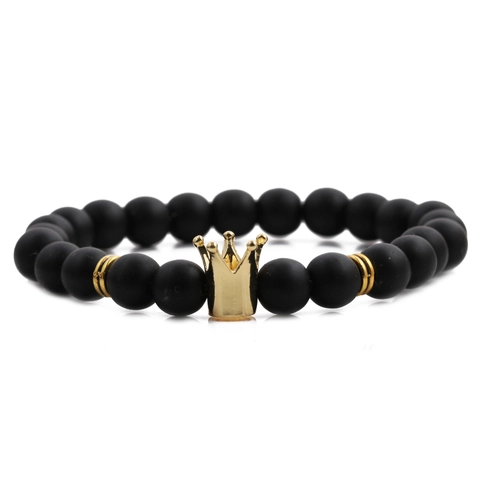 Herren Perlenarmband Natur Lava Stein Malachit Legierung Krone Zirkonia Elastisch Schmuck