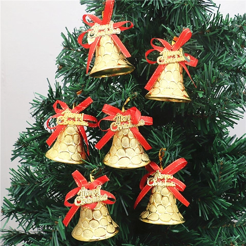Campanelli Decorativi Natalizi Dorati Con Fiocchi Di Nastro Rosso Plastica Metallica Ornamenti Appesi Albero Festa