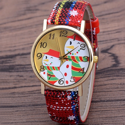 Christmas Snowman Quartz Watch Zinc Alloy Case PU Leather Glitter Fabric Strap Festive Holiday Casual Gift For Women Girls