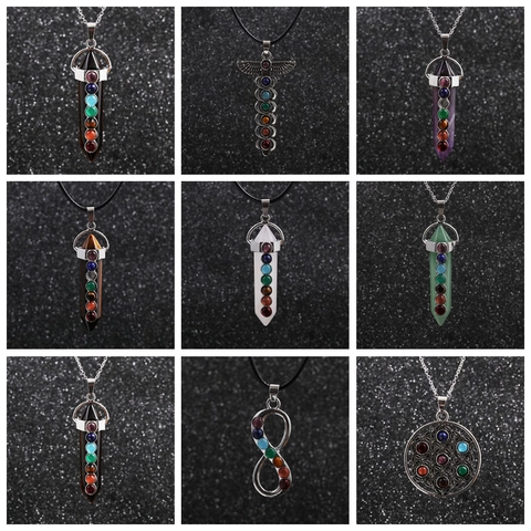 7 Chakra Healing Crystal Pendant Necklace For Women Men Stainless Steel Chain Hexagonal Stone Reiki Meditation Yoga Jewelry