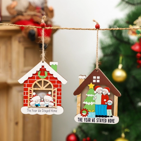 Adorno Navideño De Casa De Madera Colgante Con Luz LED Decoración Memorial El Año Que Nos Quedamos En Casa Familia Con Máscaras
