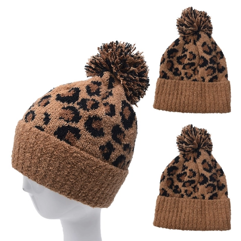Women Leopard Print Acrylic Knitted Beanie Hat With Pom-pom Warm Winter Outdoor Ribbed Cuff Trendy