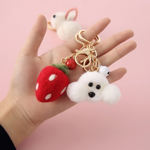 Cute Handmade Wool Felt Animal Keychain For Women Kids Bag Pendant Cute Rabbit Strawberry Key Ring With Bell Gift