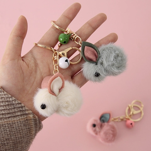 Cute Handmade Wool Felt Animal Keychain For Women Kids Bag Pendant Cute Rabbit Strawberry Key Ring With Bell Gift