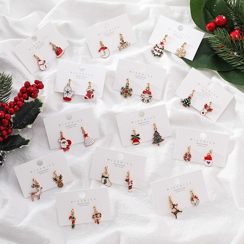 Orecchini Asimmetrici Natale Lega Smalto Babbo Natale Renna Albero Con 925 Sterling Silver Earring Post Gioielli Donne