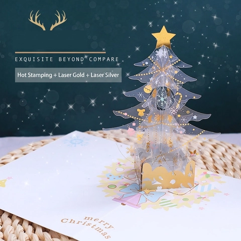 Biglietto Di Natale 3D Pop Up Albero Trasparente Cristallo Foglia D'oro Taglio Laser Regalo Auguri