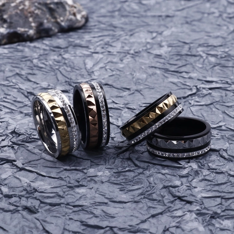 Trendy Titanium Stainless Steel Ring With Pyramid Rivet Studs And Micro Pave Zircon Multi Layer Punk Band Unisex