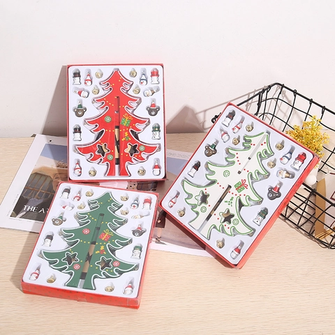 DIY Wooden Christmas Tree Desktop Ornament Miniature Santa Snowman Pendants Festive Holiday Home Office Decoration Boxed