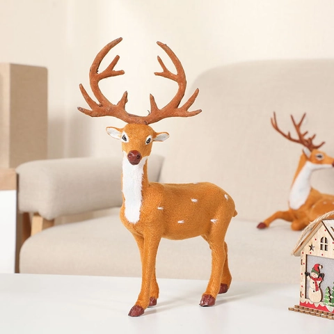 Cute Simulation Reindeer Christmas Ornament Flocked Sika Deer Figurine For Festive Home Desk Decoration Animal Statue
