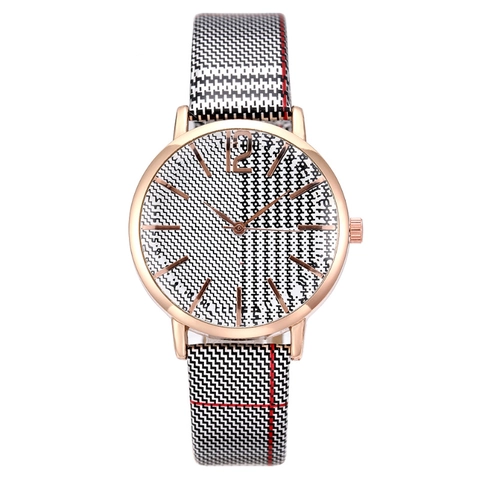 Fashion Women Quartz Watch Rose Gold Alloy Case Houndstooth Plaid Leather Strap Vintage British Style Elegant Wristwatch