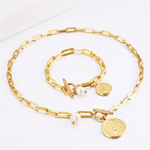 Levensboom Hanger Ketting En Armband Roestvrij Staal Paperclip Ketting Sieraden Met Kunstparels Voor Dames