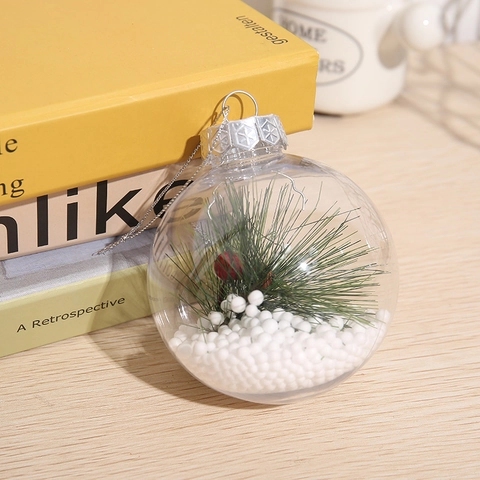 Clear Christmas Tree Hanging Ornaments Plastic Ball With Pine Needles Berries Pine Cones For Festive Home Decor