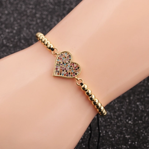 Heart Pendant Bracelet Copper Micro Pave Colorful Cubic Zirconia Adjustable Drawstring Rope Chain Jewelry For Women