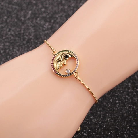 Böhmisches Mondgesicht Armband Vergoldetes Kupfer Mit Buntem Zirkonia Micro-Pave Verstellbares Gewebtes Seil Perlen Schmuck