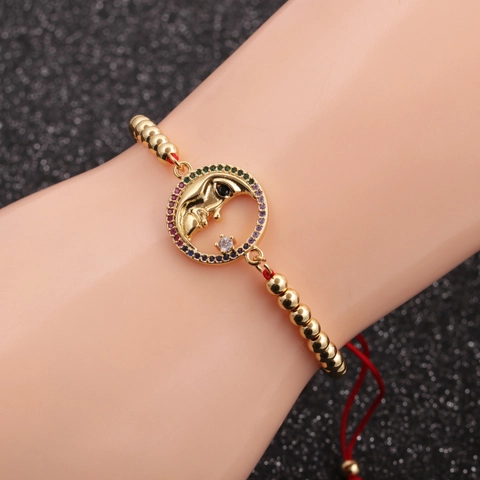 Böhmisches Mondgesicht Armband Vergoldetes Kupfer Mit Buntem Zirkonia Micro-Pave Verstellbares Gewebtes Seil Perlen Schmuck