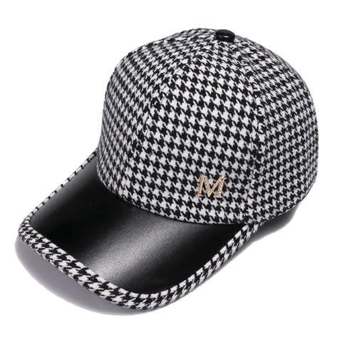 Berretto Baseball Pied De Poule Patchwork Pelle PU Lettera M Strass Regolabile Caldo Donna