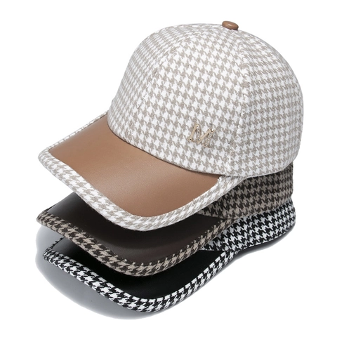 Berretto Baseball Pied De Poule Patchwork Pelle PU Lettera M Strass Regolabile Caldo Donna