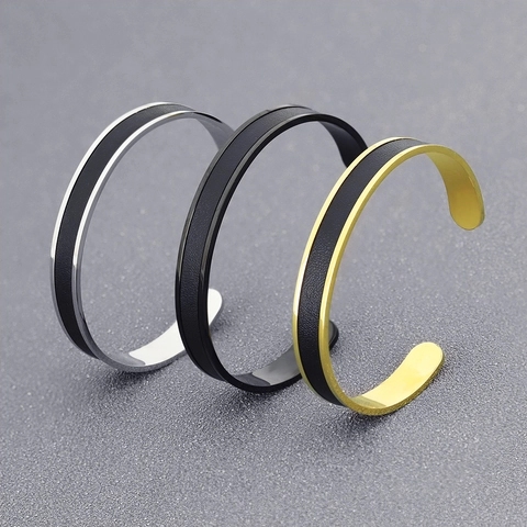 Men Stainless Steel Open Cuff Bangle Leather Inlay Bracelet C Shaped Simple Smooth Polished Fashion Jewelry Gift