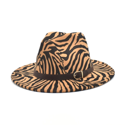 Zebra Print Wollfilz Fedora Hut Breitkrempiger Jazz Hut Mit Ledergürtelschnalle Winter Warm Outdoor Für Herren Damen