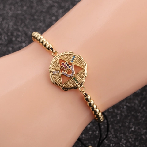 Hamsa Hand Fatima Bracelet Copper Colorful Cubic Zirconia Adjustable Rope Chain Bohemian Religious Jewelry Women Men