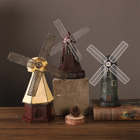 Statuetta Mulino A Vento Olandese Retro Resina Metallo Decorazione Scrivania Stile Industriale Dipinta A Mano