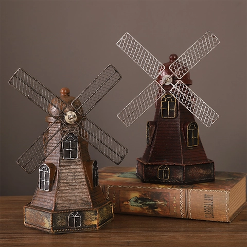 Statuetta Mulino A Vento Olandese Retro Resina Metallo Decorazione Scrivania Stile Industriale Dipinta A Mano