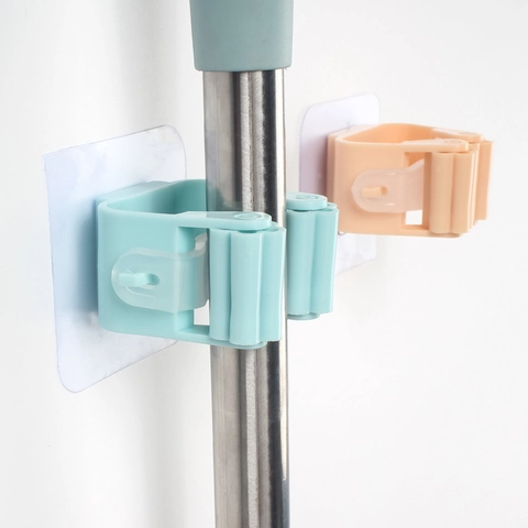 Wall Mounted Mop Holder Broom Organizer Rack Plastic Self Adhesive Punch Free Rolling Design For Bathroom Kitchen