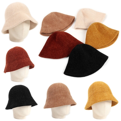Women Winter Knitted Bucket Hat Chenille Solid Color Warm Thickened Ribbed Texture Dome Pot Hat Fashion Accessory