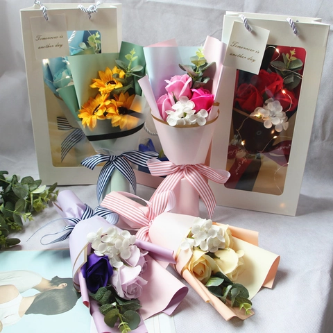 Soap Flower Bouquet Artificial Rose Sunflower Plush Bear LED Light Gift Bag For Graduation Birthday Valentine Day Gift