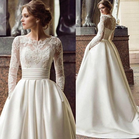 Long Sleeve Lace Satin Wedding Dress Retro Elegant A Line Bridal Gowns High Waist With Pockets And Train For Women