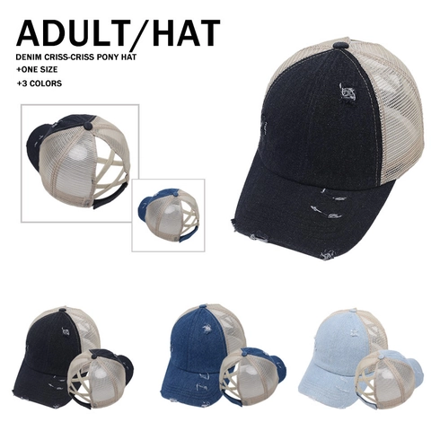 Women Criss Cross Pony Tail Baseball Cap Distressed Denim Cotton Mesh Back Breathable Outdoor Sunshade Adjustable Hat