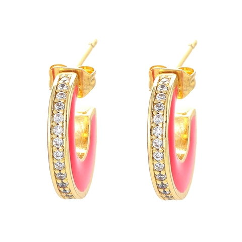 Colorful Enamel C Shape Hoop Earrings For Women Retro Gold Plated Copper With Shiny Cubic Zirconia Fashion Jewelry