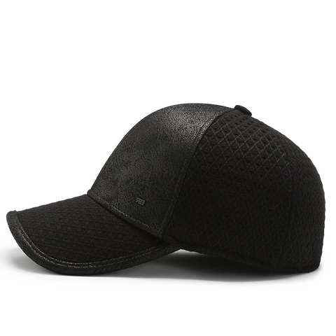 Men Winter Thermal Baseball Cap With Foldable Ear Flaps Warm Thickened Woolen Faux Leather Stitching Windproof Hat
