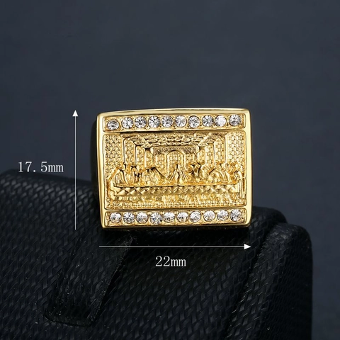 Anillo De Sello Relieve La Última Cena Acero Inoxidable Chapado En Oro Diamante De Imitación Hip Hop Para Hombres