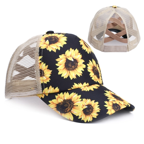Casquette De Baseball Queue De Cheval Femme Maille Respirante Dos Élastique Croisé Imprimé Tournesol Coton Polyester