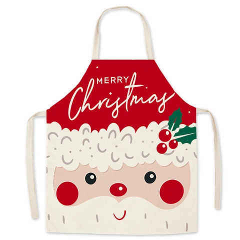 Christmas Apron Linen Blend Festive Santa Reindeer Print Adjustable Neck Strap For Kitchen Cooking Baking Family