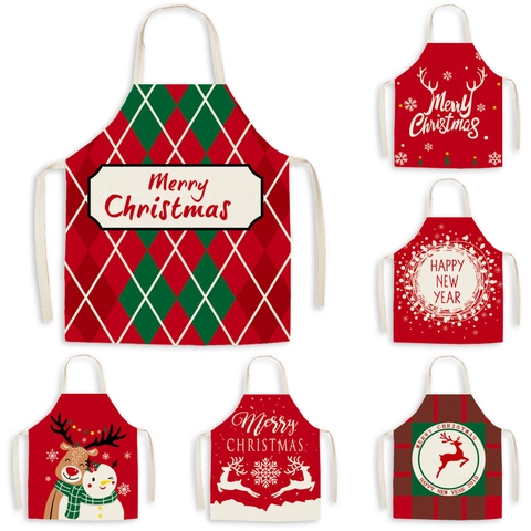 Christmas Apron Linen Blend Festive Santa Reindeer Print Adjustable Neck Strap For Kitchen Cooking Baking Family