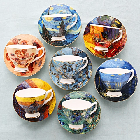 Impressionist Oil Painting Bone China Coffee Cup Saucer Spoon Luxury Ceramic Afternoon Tea Drinkware