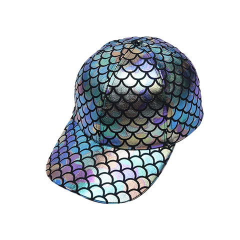 Holographic Baseball Cap Laser Metallic Fish Scale Pattern Adjustable Peaked Hat Hip Hop Streetwear For Adult Unisex