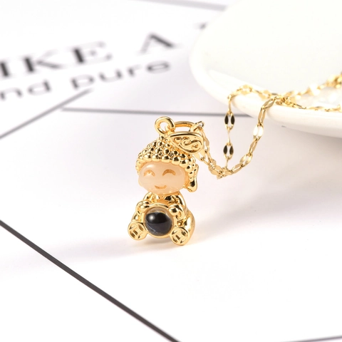 Stainless Steel Cartoon Buddha Pendant Necklace For Women 18K Gold Plated Ethnic Style Artificial Jade Monk Choker Jewelry