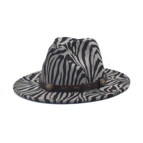 Fedora Hat Zebra Tiger Print Woolen Wide Brim Vintage Jazz Cap With Leather Band Metal Rivet For Men Women