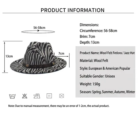 Fedora Hat Zebra Tiger Print Woolen Wide Brim Vintage Jazz Cap With Leather Band Metal Rivet For Men Women