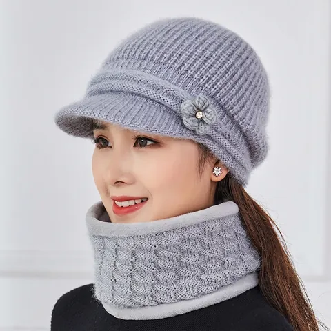 Bonnet En Tricot D'hiver Pour Femmes Et Cache-Cou Acrylique Doublé Polaire Thermique Décor De Fleurs Pour Mère Âgée