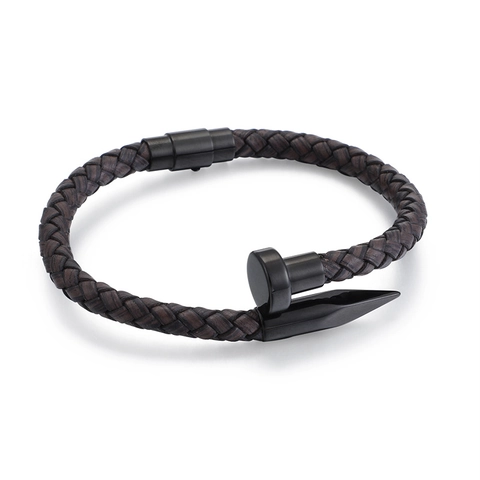Pulsera De Cuero Trenzado Para Hombre Con Cierre De Clavo De Acero Inoxidable Joyería Punk Minimalista
