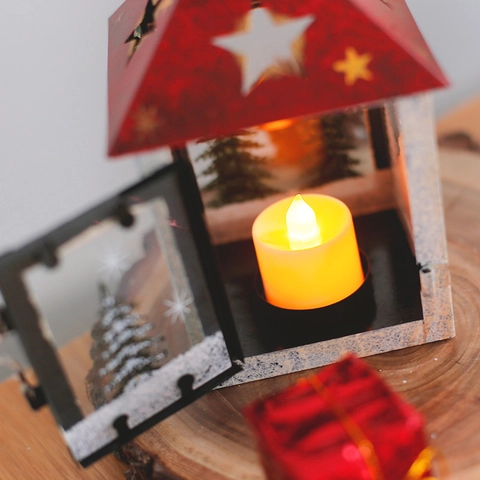 Christmas Retro Lantern LED Light Candle Holder Metal Iron Glass Santa Snowman Painted Pattern Festive Tabletop Decoration