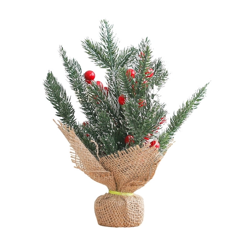 Mini Albero Di Natale Artificiale Base Tela Sacco PVC Bacche Pigne Innevato Decorazione Tavolo Rustico